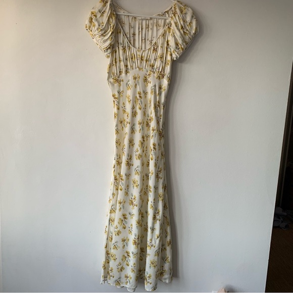 Doen Florencia Silk Short Puff Sleeve Midi Dress Yellow Gold Frolicking Floral
